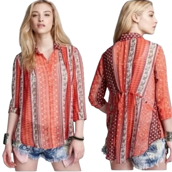 Free Peoplle Moonlight Mile Hot Coral Cinch Back Top Size M - Picture 10 of 10